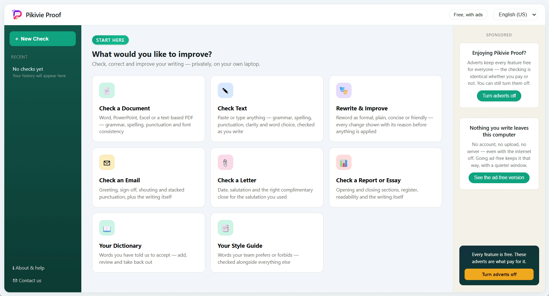 Pikivie Proof's start screen, showing every kind of check available: documents, letters, emails, reports, your dictionary, and your style guide.