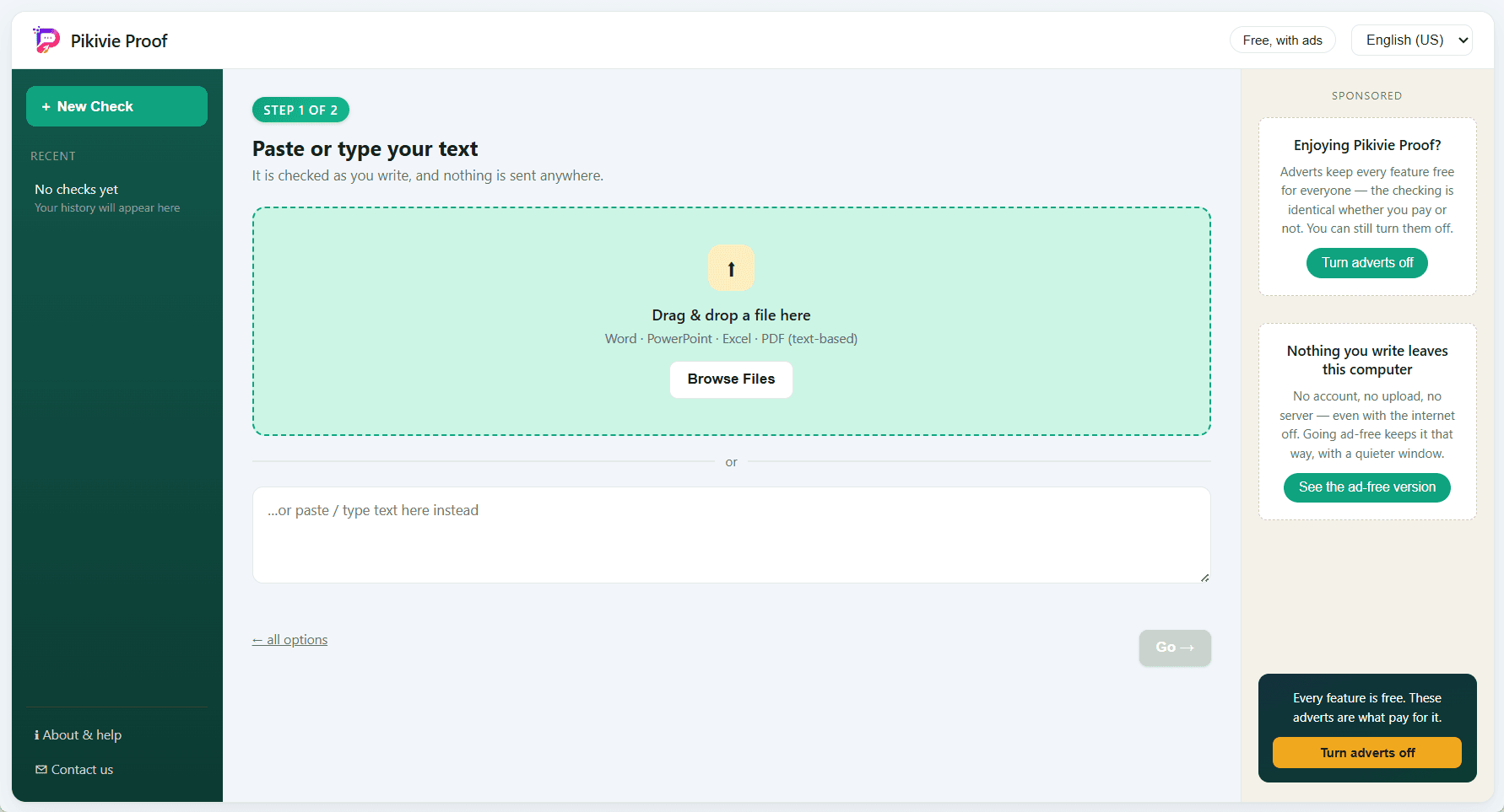 The open-a-document screen, accepting a Word, PowerPoint, Excel or PDF file, or pasted text.