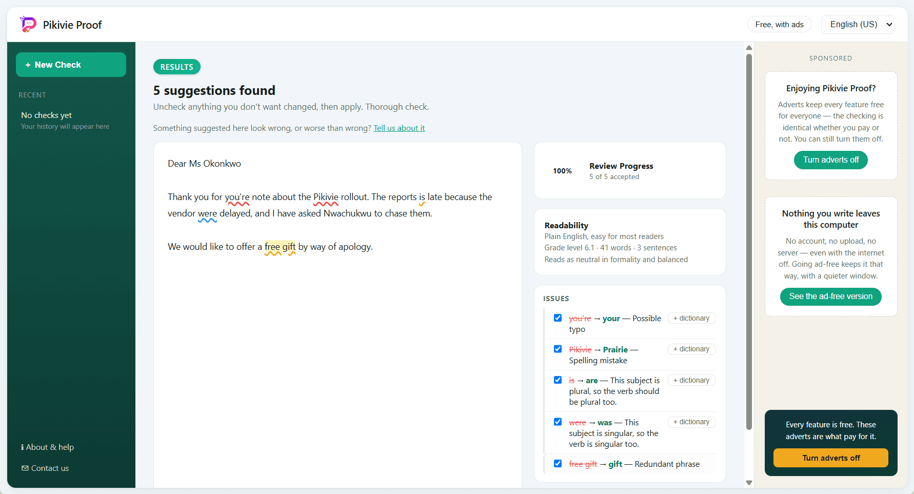 Results screen showing five suggestions found in a real letter, each with a reason, plus a readability score.